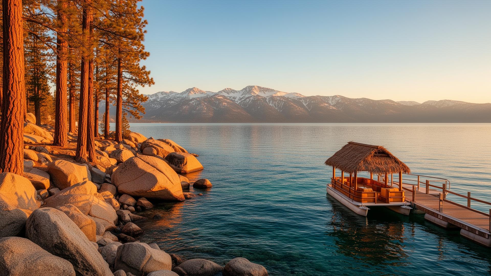 Lake Tahoe shoreline at golden hour with a tiki boat at the dock